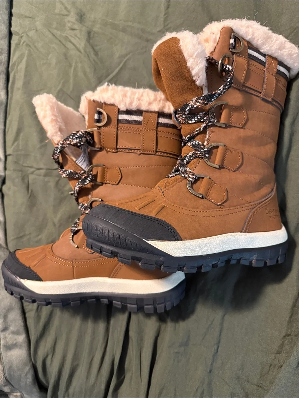 BearPaw Kids Tan & Black Waterproof Winter Boots with Faux Fur Cuff